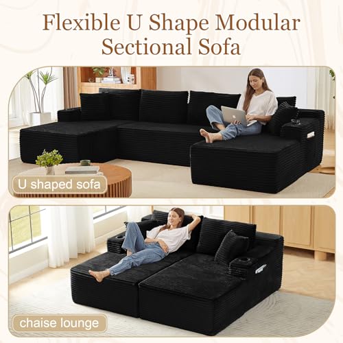 134-Inch Modular Sectional Sleeper Sofa, Corduroy U-Shaped Couch with Storage