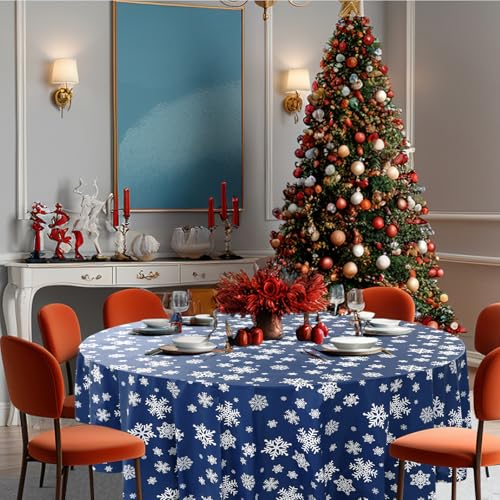 Blue Snowflake Round Tablecloths 84 Inch | 10 Pack Disposable Waterproof Plastic