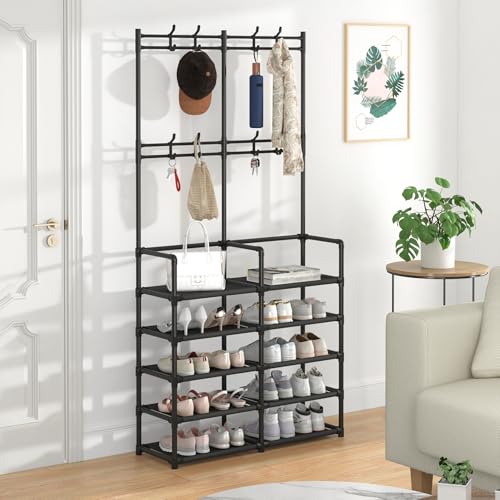 5-Tier Entryway Hall Tree with Shoe Rack and 8 Hooks, Black Storage Organizer