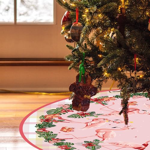48-Inch Coastal Christmas Tree Skirt with Flamingo & Tartan Border