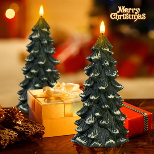Yongmao 2-Pack Christmas Tree Shaped Flameless Candles with 6H Timer, Green Real Wax Battery-Operated LED Candles