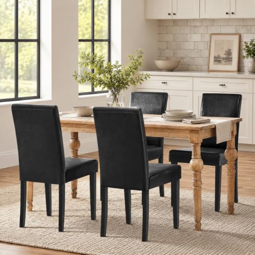 Modern Faux Leather Dining Chairs Set of 4 - High Back Kitchen Chairs, Black