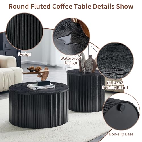 Round Nesting Coffee Table Set of 2 with Storage, Modern Fluted Wood Tables
