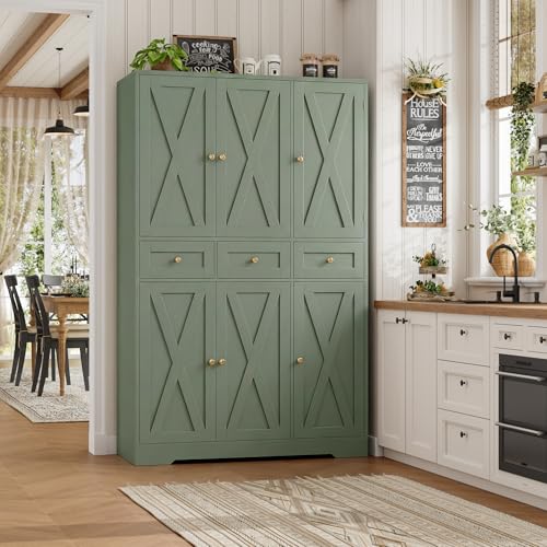 67" Farmhouse Kitchen Pantry Cabinet with Drawers, Green Storage Cupboard