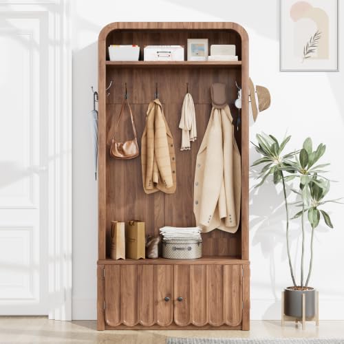Narrow Hall Tree with Bench and Shoe Storage, Arched Entryway Coat Rack