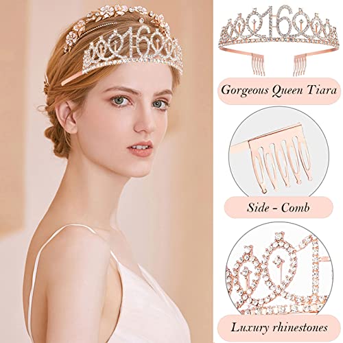 Rose Gold Sweet 16 Birthday Decoration Set for Girls with Sash and Tiara