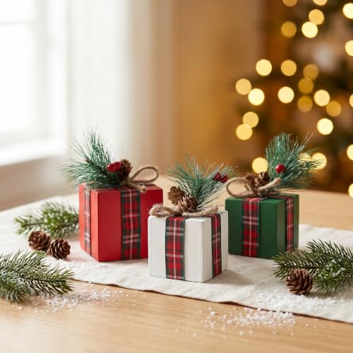 Christmas Wooden Gift Box Decor Set of 3 Holiday Tiered Tray Decorations
