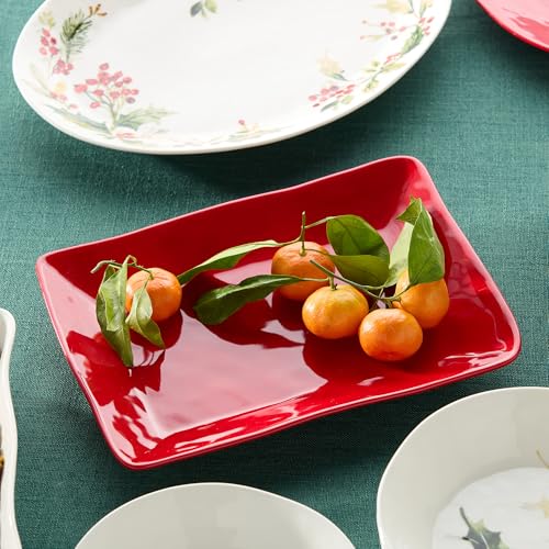 Red Christmas Rectangular Stoneware Serving Platter for Holiday Appetizers