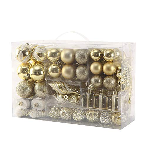 Gold Shatterproof Christmas Tree Ornaments Set - 76 Pack Hanging Baubles