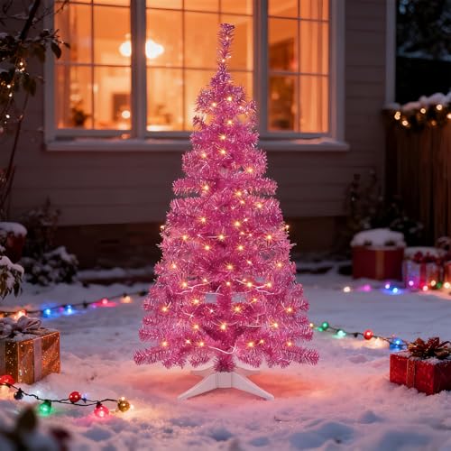 Juegoal Pink 4 ft Pre-lit Christmas Tree with 8 Lighting Modes, Battery Powered