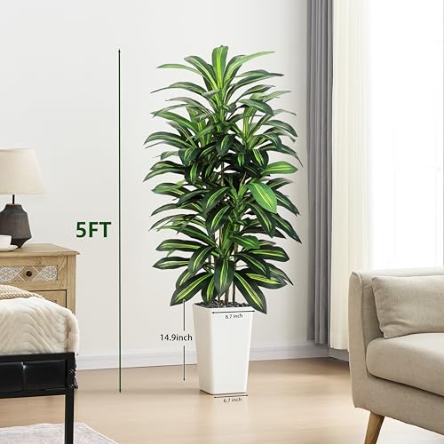 5FT Artificial Dracaena Tree - Realistic Faux Indoor Plant with White Planter