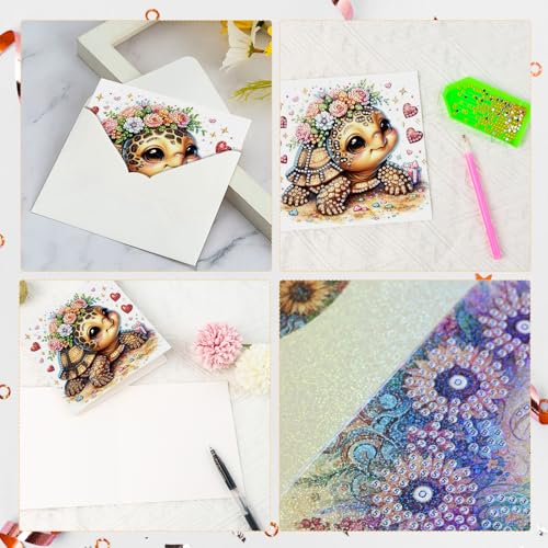 Antor Turtle Diamond Art Greeting Card Kit – 6 Pack with Envelopes, Glue, Pen & Bead Bag