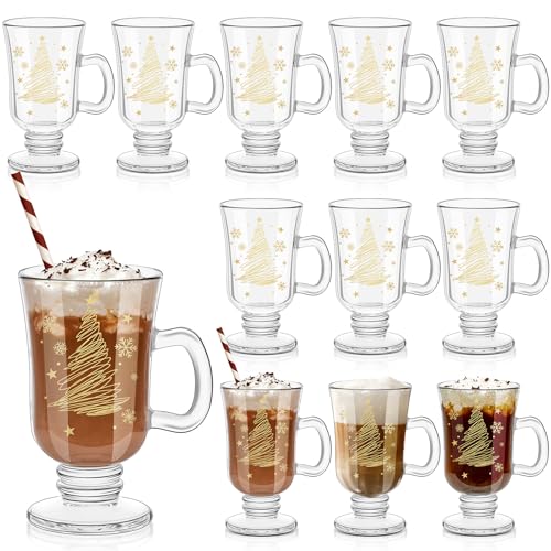 Set of 12 Christmas Snowflake Glass Coffee Mugs 8oz with Handle - Holiday Hot Chocolate & Beverage Cups