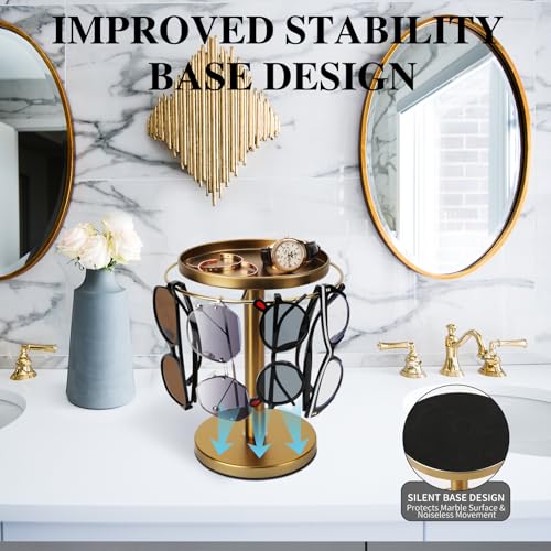 360° Rotating Sunglasses Organizer Stand with Jewelry Tray - Gold
