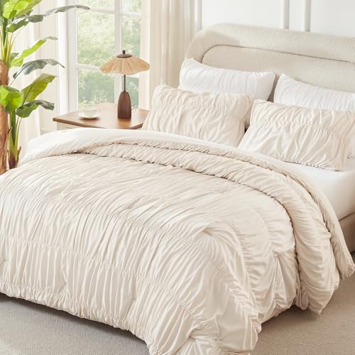 Beige Ruched Queen Comforter Set - 3 Piece Boho Bedding