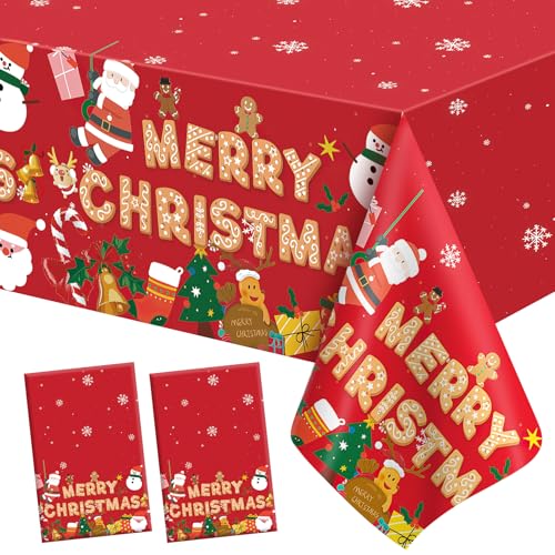 Disposable Red Gold Gingerbread Tablecloth (2 pcs) 54x108 in | Christmas Plastic Table Cover