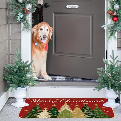 Soheioue Red Christmas Doormat - Festive Xmas Tree & Welcome Mat 17x29 Inch