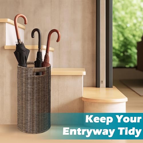 Handwoven Rattan Umbrella Stand with Drip Tray - 21-Inch Entryway Holder