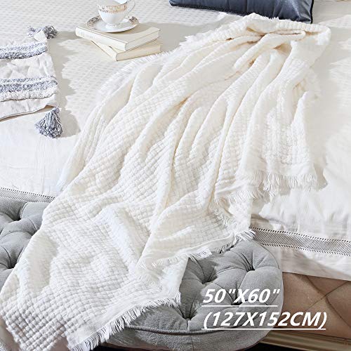 Boho Knitted Throw Blanket with Tassels, Soft Geometric Cream Throw 50x60