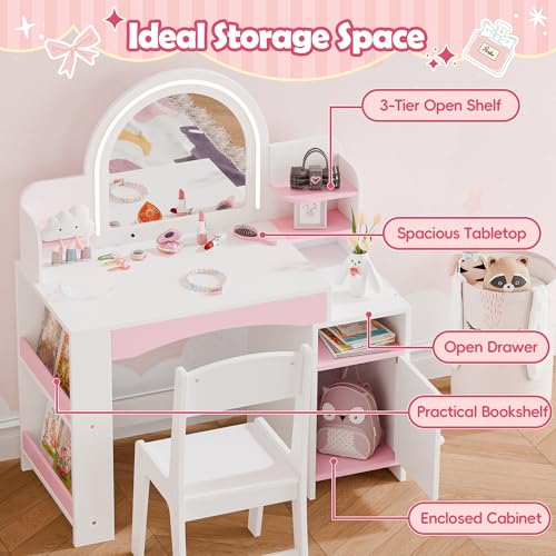 Kids Vanity Table and Chair Set with LED Lighted Mirror and Storage
