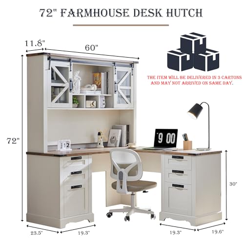 60-Inch L-Shaped Executive Desk with Hutch, Farmhouse Storage Computer Desk