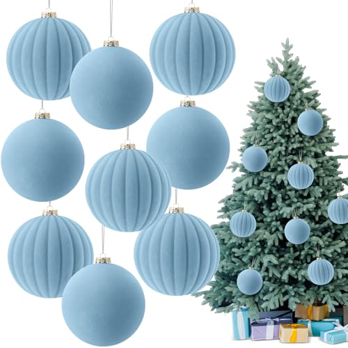 Syhood 4 Inch Dusty Blue Velvet Christmas Ornaments - 9 Pack Large Holiday Balls
