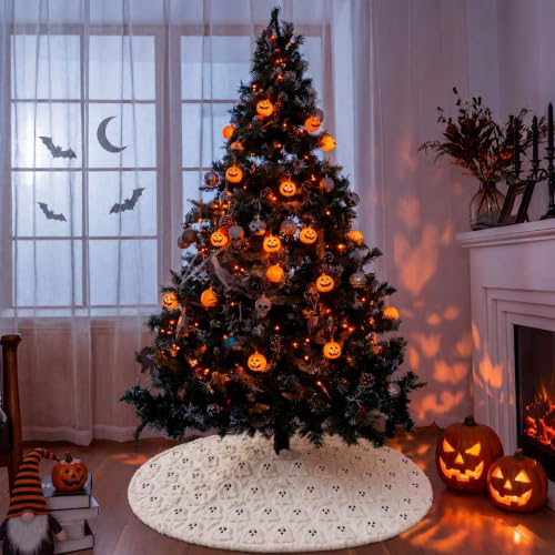 36-Inch Beige Halloween Ghost Tree Skirt - Soft Plush Faux Fur with 3D Ghosts