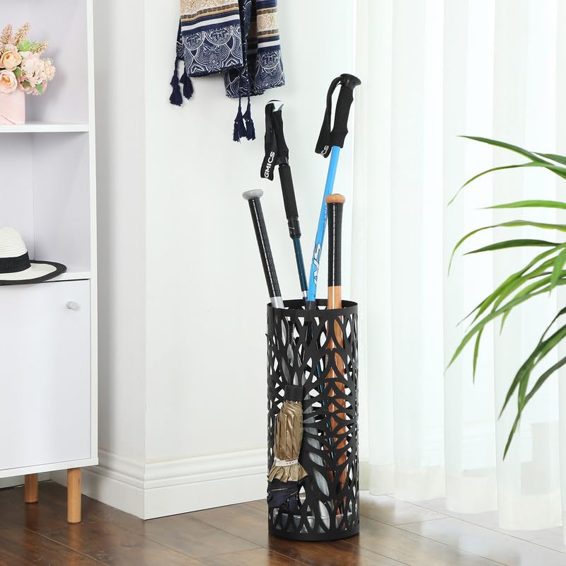 Metal Umbrella Stand for Entryway with Drip Tray and Hooks, Matte Black