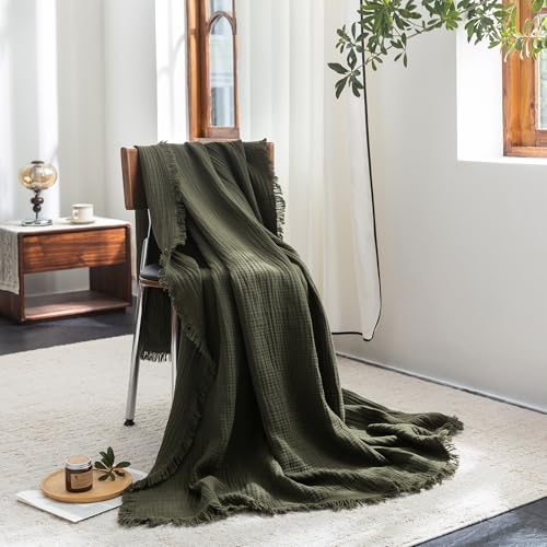 FOSSA 4-Layer Cotton Muslin Blanket Twin XL Olive Green 66x90 inches