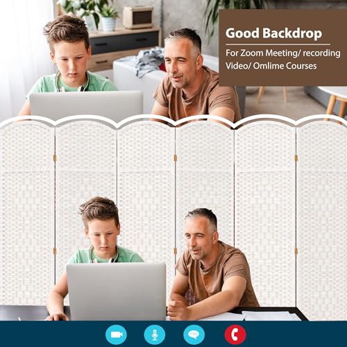 6-Panel Folding Room Divider, Freestanding Woven Privacy Screen, Off-White