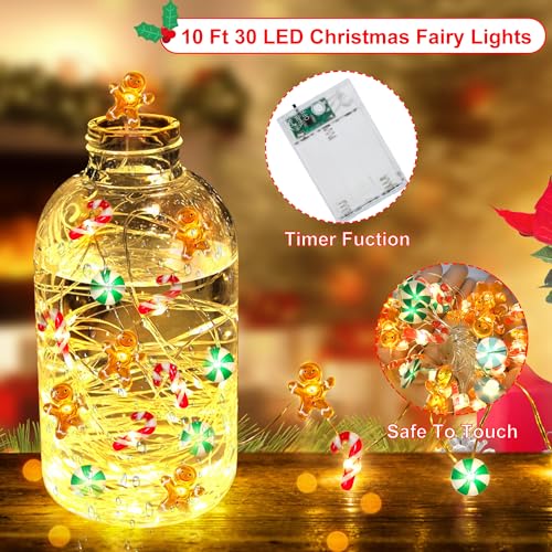 Mosoan Timer Christmas Lights 10 ft 30 LED Battery-Operated Candy Cane Gingerbread Snowflake String Lights (Style 1)