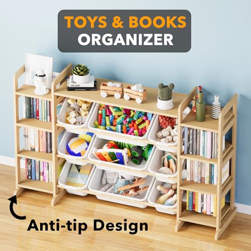 9-Bin Toy Storage Organizer with Wooden Shelving for Kids Playroom