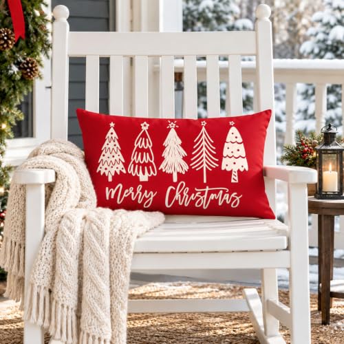 HERHOME Christmas Pillow Covers 12x20 Red Merry Christmas Tree Decor (Pack of 1) 20" x 12"