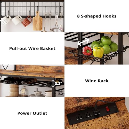62-Inch Kitchen Bakers Rack with Power Outlets, Wine Storage, and 5 Shelves
