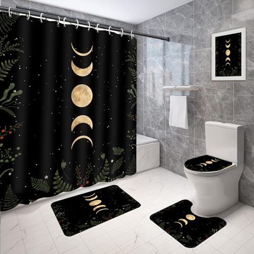 Gold Moon Phase Gothic Bathroom Decor Set - 4-Piece Shower Curtain & Rugs