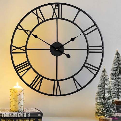 Black Roman Numeral 24 Inch Wall Clock - Silent Metal Decor for Living Room