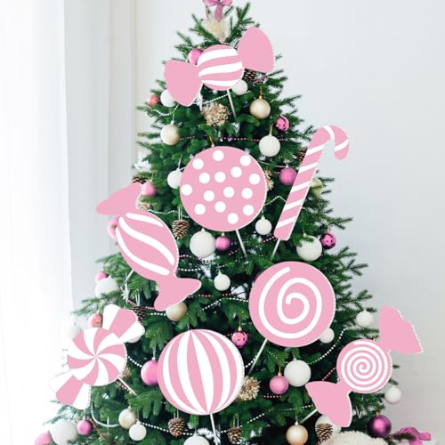Pink Candy Christmas Decorations - 16 pcs 8" Lollipop Tree Picks for Holiday Decor