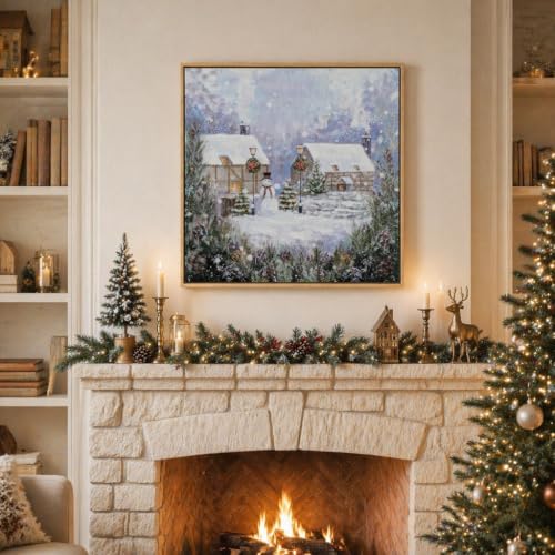 ArtbyHannah Snowy Village Christmas Canvas Wall Art 24x24 Inch, Framed Hand-Painted Holiday Decor
