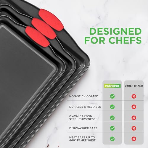 3-Piece Nonstick Cookie Sheet Set - Carbon Steel Baking Pans, Silicone Handles