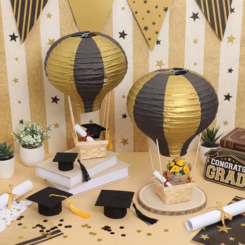 8 Sets Black & Gold Hot Air Balloon Centerpieces – Christmas Table Decor (Meooeck, Stripe)