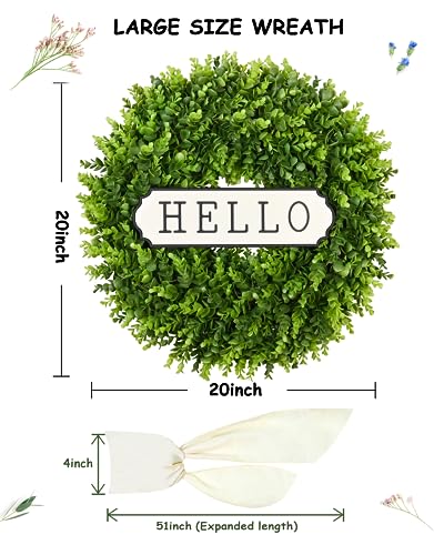 20-Inch Artificial Boxwood Wreath for Front Door with Hello Sign