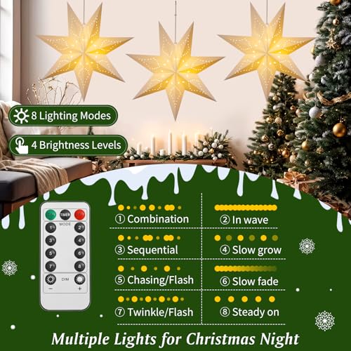 Lewondr 7-Pointed Star Christmas Paper Lantern 3 Pack with C-Warm Light
