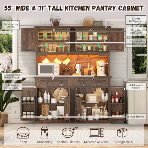 71-Inch Farmhouse Kitchen Pantry Cabinet with Power Outlet and LED Lighting