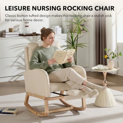 Upholstered Nursing Glider Rocking Chair with Footrest, Cream Linen