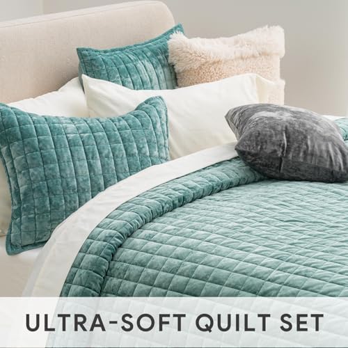 Luxury Channel Box Stitch Velvet Quilt Set, Full Queen, Aqua Green