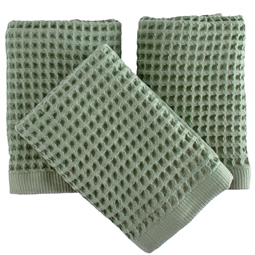 Turkish Cotton Waffle Hand Towel Set - 32x16 Inch Sage Green Kitchen Towels