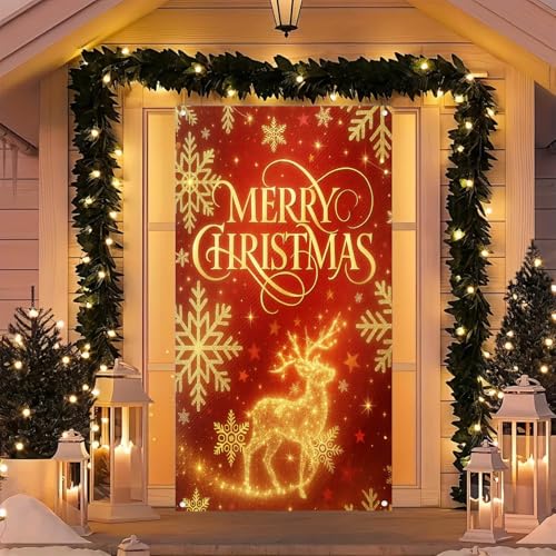 Golden Reindeer Christmas Door Cover 71x35 Inch Winter Holiday Banner for Front Porch, Indoor & Outdoor Decor