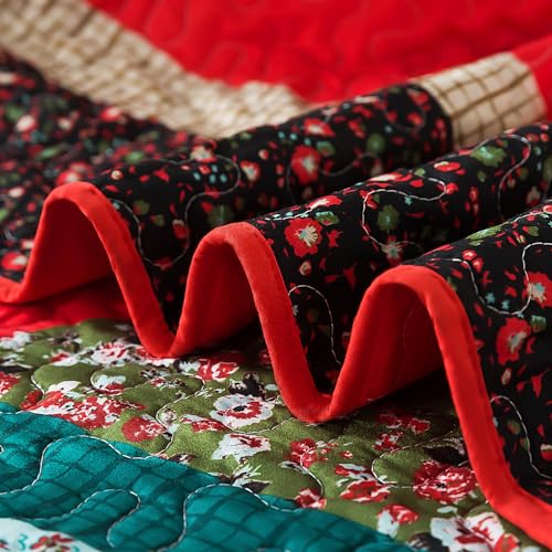 Christmas California King Size Quilt Set - Cotton Bedspreads, Festive Floral Print