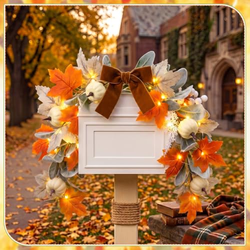 23.6-Inch Fall Mailbox Swag with Lights, Autumn Pumpkin Garland Decor
