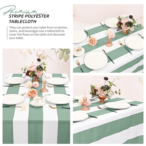 2 Pack Green and White Striped Tablecloths 60x84 Inches for Dining & Events